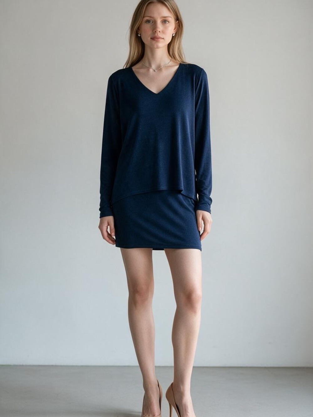 White House Black Market Navy Layered V-Neck Long Sleeve Mini Dress Size S